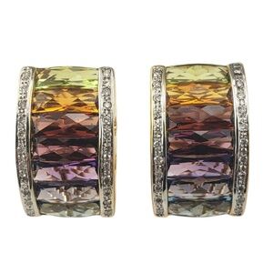 18K Yellow Gold Rainbow Gemstone and Diamond Omega Back Earrings  #20720